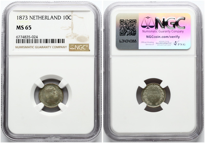 Netherlands. William III (1849-1890). 10 Cents 1873. Silver. KM 80. NGC MS 65. T...