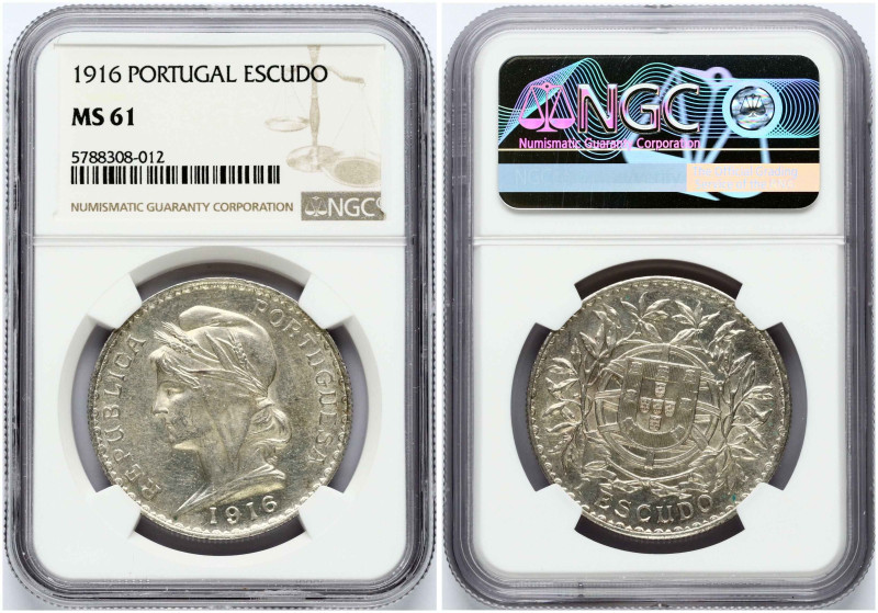 Portugal. 1 escudo 1916. Silver. KM 564. NGC MS 61