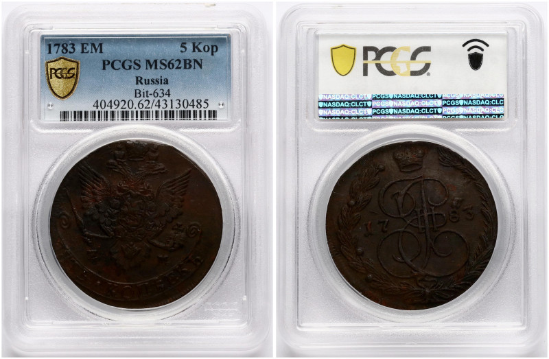 Russia. Catherine II (1762-1796). 5 Kopecks 1783 ЕМ. Copper. Bitkin 634. PCGS MS...