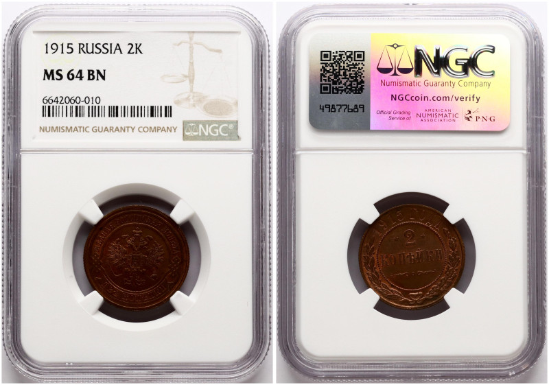 Russia. Nicholas II (1894-1917). 2 Kopecks 1915. Copper. Bitkin 245. NGC MS 64 B...