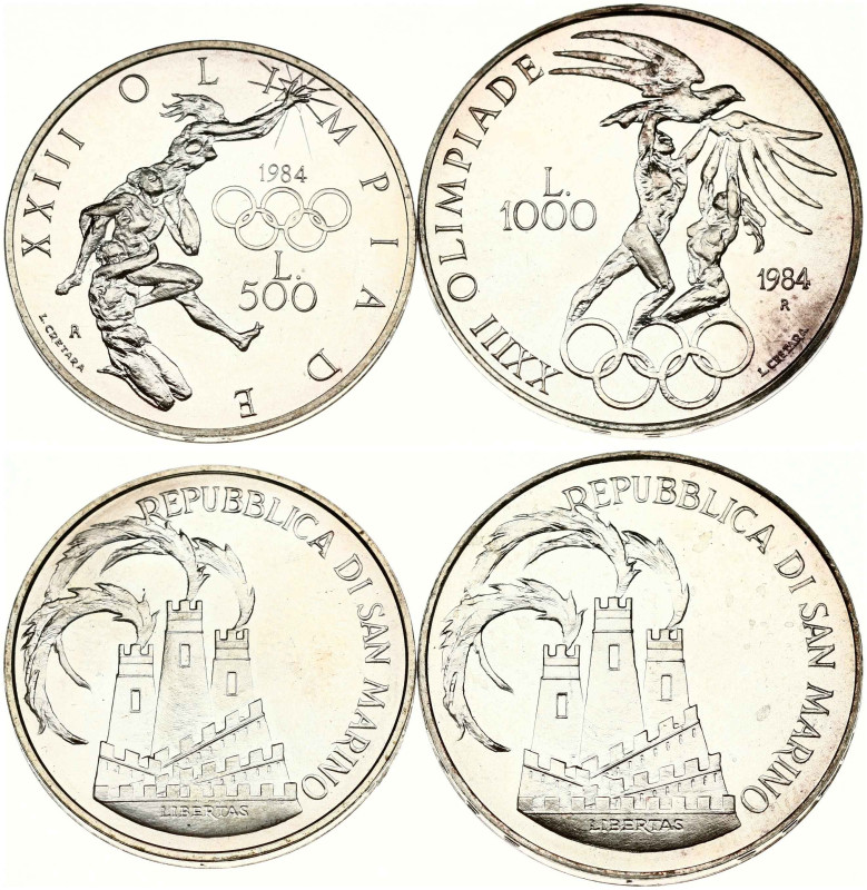 San Marino 500 & 1000 Lire 1984 R Summer Olympics. Silver .835, total 25.48g. KM...