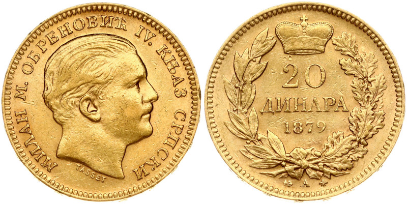 Serbia. Milan IV (1868-1882). 20 Dinara 1879 A. Gold 6.44 g. KM 14.