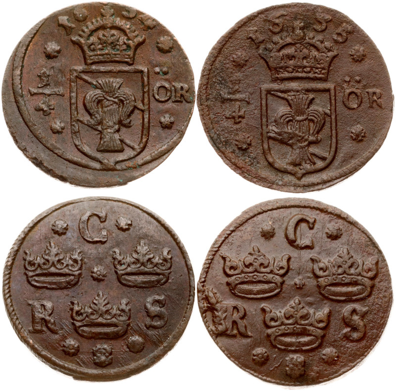 Sweden. Christina (1632-1654). 1/4 Ore 1634 & 1635. Copper, total weight, 19.76 ...