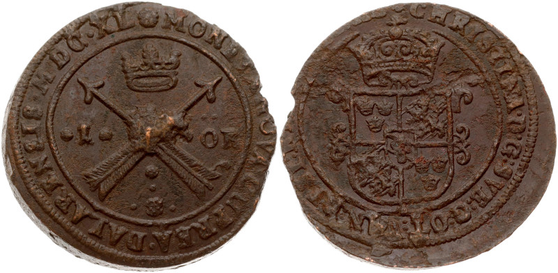 Sweden. Christina (1632-1654). 1 Ore 1640. Copper 52.53 g. KM 161. Corrosion.