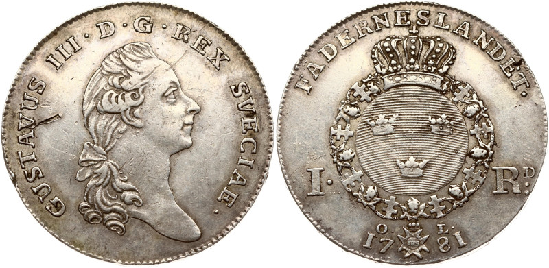 Sweden. Gustav III (1771-1792). 1 Riksdaler 1781 OL. Silver 29.12 g. KM 527, Dav...