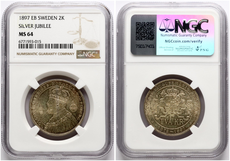 Sweden. Oscar II (1872-1907). 2 Kronor ND (1897) EB AL, Silver jubilee. 25th Ann...