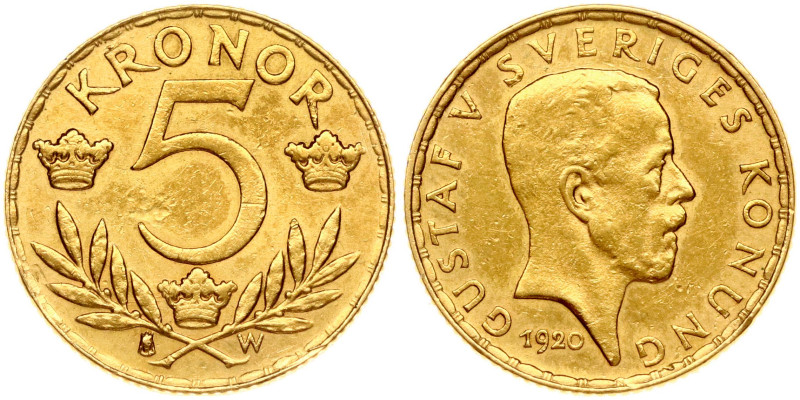 Sweden. Gustaf V (1907-1950). 5 Kronor 1920 W. Gold 2.23 g. KM 797, Fr 97.