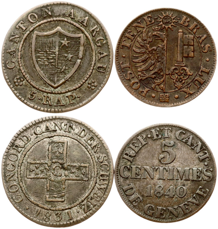 Switzerland, Aargau. 5 Rappen 1831 & Geneva. 5 Centimes 1840. Billon, total weig...