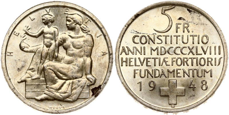 Switzerland. 5 Francs 1948 B, 100th Anniversary of the Constitution. Silver 14.8...