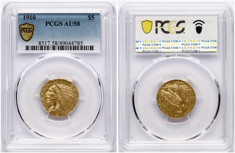 USA. 5 Dollars 1910, Indian Head. Philadelphia. Gold. KM 129. PCGS AU 58.