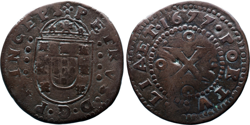 Portugal 
D. Pedro PR - X Reis 1677 - Copper - Bc+ ~- AG: 11.05 Weight 18.74g 
A...