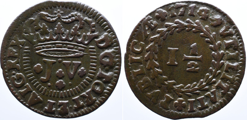 Portugal 
 D. Jo&atilde;o V - Real e Meio 1714 - Copper - Mbc&nbsp; AG: 05.04 We...