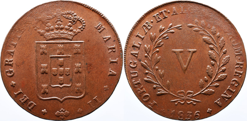 Portugal 
D. Maria II - V Reis 1836 - Copper - Bela AG: 09.01 Weight 6.49g 
A: M...