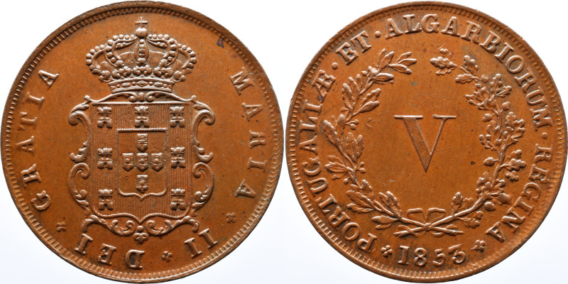 Portugal 
D. Maria II - V Reis 1853 - Copper - Bela AG: 32.06 Weight 6.26g 
A: M...