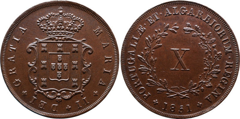 Portugal 
 D. Maria II - X Reis 1851 - Copper - Bela AG: 33.11 Weight 12.33g 
A:...