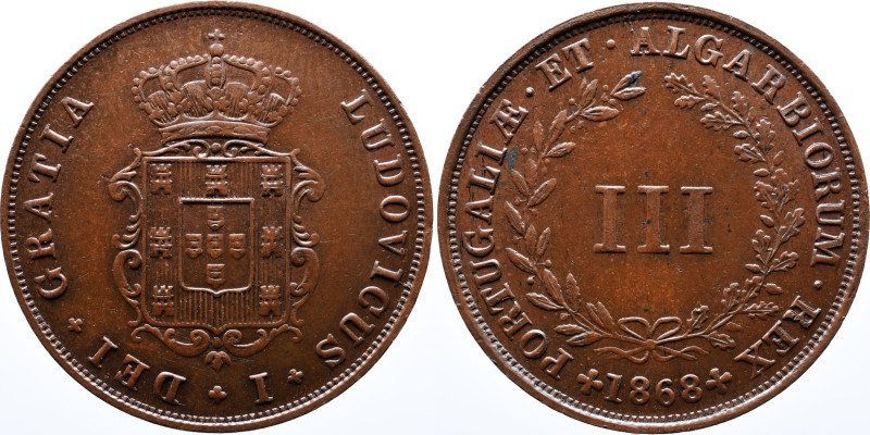 Portugal 
 D. Luis I - III Reis 1868 - Copper - Bela AG: 01.01 Weight 3.78g 
 A:...