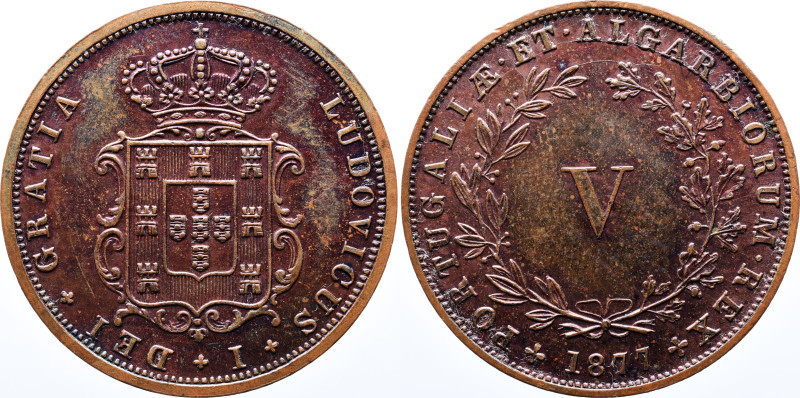 Portugal 
 D. Luis I - V Reis 1877 - Copper - Bela AG: 02.10 Weight 6.35g 
A: LU...