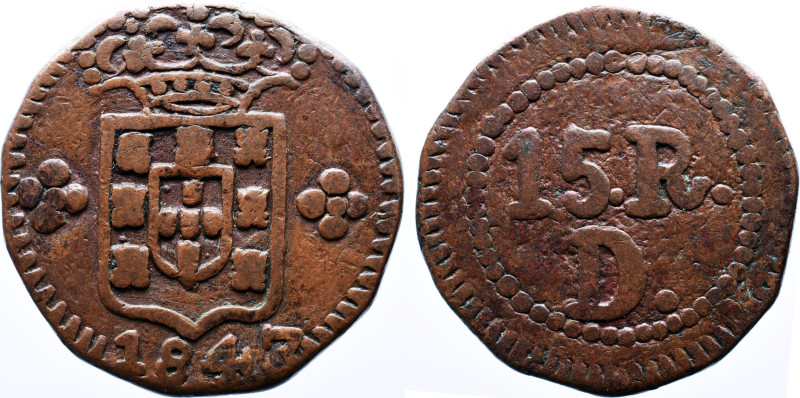 Portuguese India 
D. Maria II - 15 Reis 1843 Dam&atilde;o - Copper - Mbc AG: 12....