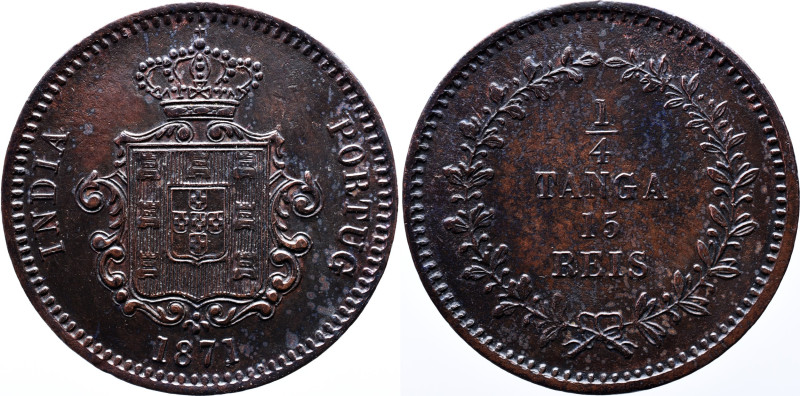 Portuguese India 
D. Luis I - 1/4 Tanga 1871 Bombay - Copper - Mbc AG: 06.01 Wei...