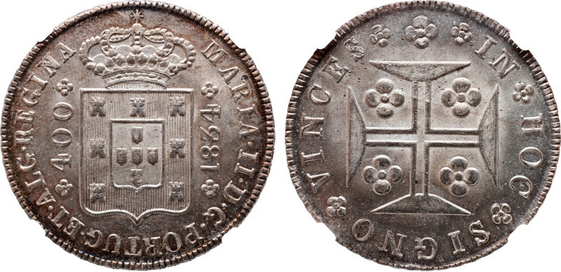 NGC Portuguese 
 D. Maria II - Cruzado Novo 1834 - NGC MS-64 - AG: 16.02 
A: MAR...