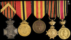Belgium, Franco-Prussian Group of Five: Military Decoration, LII, with inverted gilt 'V' on Long Service riband; Leopold II Commemorative, 1905; 1870-...