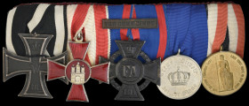 Germany, Great War Mounted Group of 5: Iron Cross 1914; Hamburg, Hanseatic Cross; Oldenberg, Friedrich August Cross, with Vor Dem Feinde clasp; 9 year...