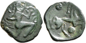 NORTHEAST GAUL. Veliocassi. Circa 50-30 BC. Cast unit (Bronze, 18 mm, 3.26 g, 8 h). Celticized nude runner to right; before, ringed pellet; behind, tw...