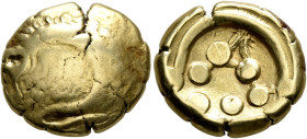 CENTRAL EUROPE. Vindelici. 1st century BC. Stater (Gold, 17 mm, 7.06 g, 1 h), 'Regenbogenschüsselchen mit Rolltier' type. Convex surface with ’Rolltie...