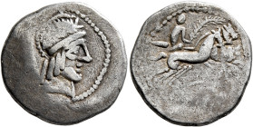 LOWER DANUBE. Geto-Dacians. 1st century BC. Denarius (Silver, 18 mm, 4.47 g, 9 h), possibly imitating a Roman Republican denarius of M. Tullius (119 B...