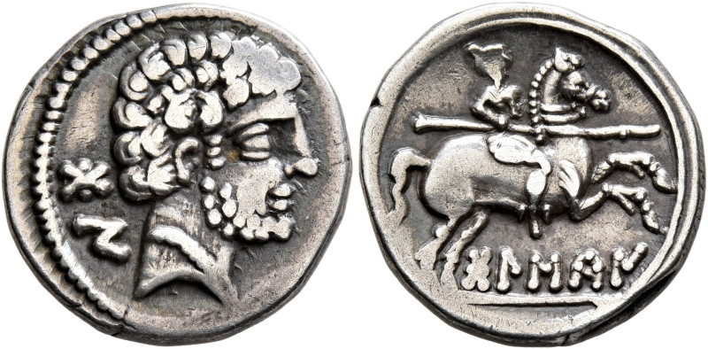 SPAIN. Bolskan. Circa 150-100 BC. Denarius (Silver, 18 mm, 4.34 g, 12 h). Bearde...