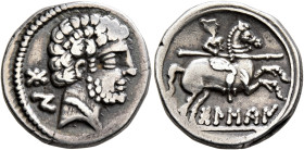 SPAIN. Bolskan. Circa 150-100 BC. Denarius (Silver, 18 mm, 4.34 g, 12 h). Bearded bare male head to right, wearing pearl necklace; behind, 'bon' in Ib...