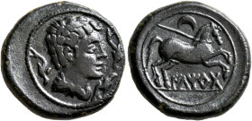 SPAIN. Iltirta (Ilerda). After 104 BC. Semis (Bronze, 21 mm, 7.39 g, 5 h). Bare-headed and draped male bust to right; around, three dolphins. Rev. Hor...