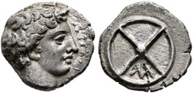 GAUL. Massalia. Circa 410-380 BC. Obol (Silver, 10 mm, 0.76 g, 6 h). MAΣΣAΛI[ΩTAN] Horned head of Lakydon to right. Rev. Wheel of four spokes; M in on...