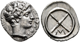 GAUL. Massalia. Circa 410-380 BC. Obol (Silver, 10 mm, 0.57 g, 1 h). MAΣΣAΛI[ΩTAN] Horned head of Lakydon to right. Rev. Wheel of four spokes; M in on...