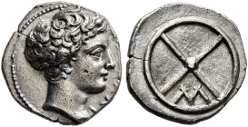 GAUL. Massalia. Circa 410-380 BC. Obol (Silver, 10 mm, 0.78 g, 5 h). M[AΣΣAΛIΩ]TAN Horned head of Lakydon to right. Rev. Wheel of four spokes; M in on...