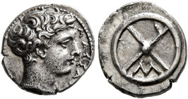 GAUL. Massalia. Circa 410-380 BC. Obol (Silver, 10 mm, 0.78 g, 11 h). MAΣΣAΛ[IΩTAN] Horned head of Lakydon to right. Rev. Wheel of four spokes; M in o...