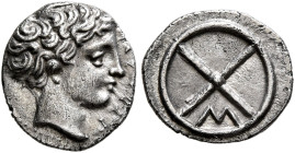 GAUL. Massalia. Circa 410-380 BC. Obol (Silver, 10 mm, 0.53 g, 9 h). MAΣΣAΛI[ΩTAN] Horned head of Lakydon to right. Rev. Wheel of four spokes; M in on...