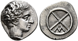 GAUL. Massalia. Circa 410-380 BC. Obol (Silver, 11 mm, 0.86 g, 5 h). [MAΣΣAΛIΩTAN] Horned head of Lakydon to right. Rev. Wheel of four spokes; M in on...