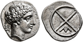 GAUL. Massalia. Circa 410-380 BC. Obol (Silver, 10 mm, 0.86 g, 8 h). M[AΣΣAΛIΩT]AN Horned head of Lakydon to right. Rev. Wheel of four spokes; M in on...