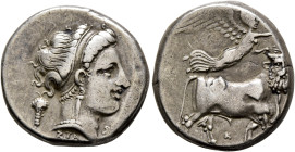 CAMPANIA. Neapolis. Circa 320-300 BC. Didrachm or Nomos (Silver, 20 mm, 7.40 g, 9 h). Head of nymph to right, wearing pendant earring and pearl neckla...