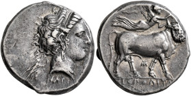 CAMPANIA. Neapolis. Circa 300 BC. Didrachm or Nomos (Silver, 20 mm, 7.55 g, 9 h), Arte..., magistrate. Diademed head of a nymph to right, wearing trip...