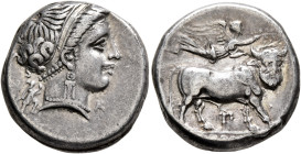 CAMPANIA. Neapolis. Circa 300 BC. Didrachm or Nomos (Silver, 19 mm, 7.39 g, 6 h), Parme..., magistrate. Diademed head of a nymph to right, wearing tri...