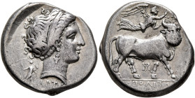 CAMPANIA. Neapolis. Circa 300 BC. Didrachm or Nomos (Silver, 21 mm, 7.18 g, 9 h), Arte..., magistrate. Diademed head of a nymph to right, wearing trip...