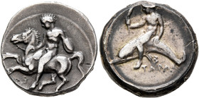 CALABRIA. Tarentum. Circa 400-390 BC. Didrachm or Nomos (Silver, 21 mm, 7.87 g, 7 h). Nude warrior, holding bridles in his right hand and carrying sma...