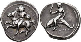 CALABRIA. Tarentum. Circa 400-390 BC. Didrachm or Nomos (Silver, 22 mm, 7.84 g, 8 h). Nude warrior, holding bridles in his right hand and carrying sma...