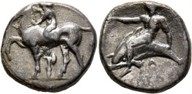 CALABRIA. Tarentum. Circa 380-375/0 BC. Didrachm or Nomos (Silver, 20 mm, 6.43 g, 6 h). Nude youth riding horse walking to left, raising his right han...