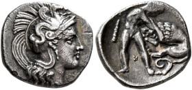 CALABRIA. Tarentum. Circa 380-325 BC. Diobol (Silver, 13 mm, 1.08 g, 12 h). Head of Athena to right, wearing crested Attic helmet adorned with a hippo...