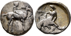 CALABRIA. Tarentum. Circa 365-355 BC. Didrachm or Nomos (Silver, 20 mm, 7.73 g, 3 h). Nude youth on horse prancing right, holding bridles in his left ...