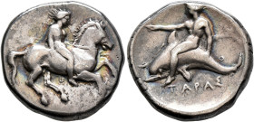 CALABRIA. Tarentum. Circa 365-355 BC. Didrachm or Nomos (Silver, 21 mm, 7.86 g, 4 h). Nude youth on horse galloping right, holding bridles in his left...