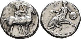 CALABRIA. Tarentum. Circa 344-340 BC. Didrachm or Nomos (Silver, 20 mm, 7.69 g, 11 h). Warrior, nude but for crested helmet, standing facing behind br...